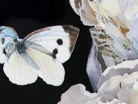 Painting of white peonies and butterfly (details) by the animal artist Laurence Saunois