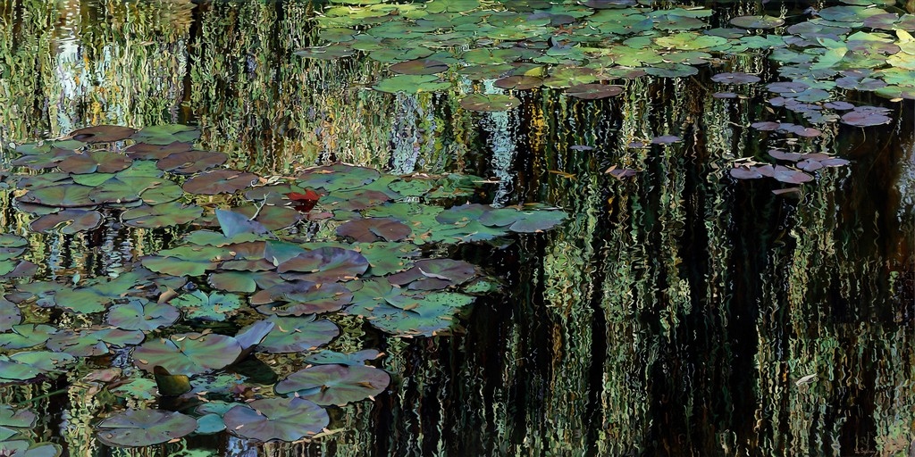 Peinture "Nympheus Luminansis,  Lumière à l'Ombre du Saule Pleureur par Laurence Saunois, artiste peintre