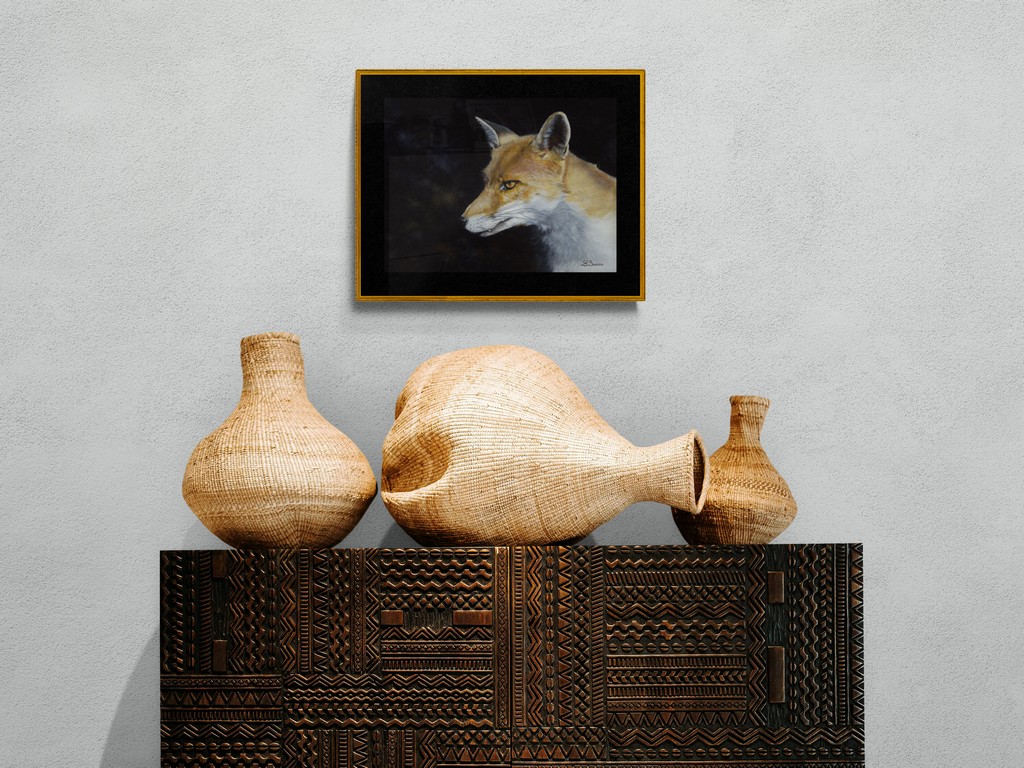 Peinture de portrait de renard au dessus d'un meuble - peintre animalier Laurence Saunois