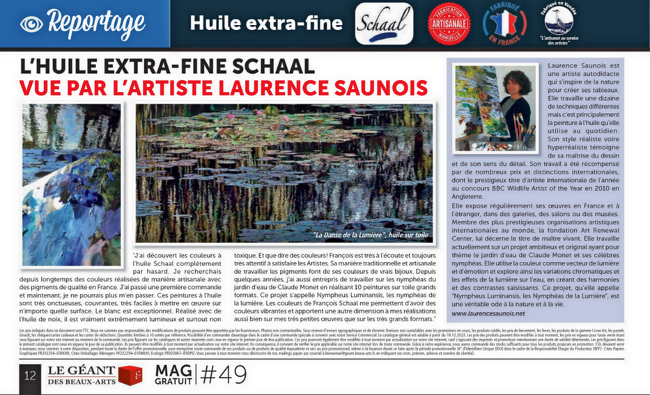 Mag #49 du Géant des Beaux-Arts : Reportage "L'huile Extra-fine Schaal vue par l'artiste Laurence Saunois"