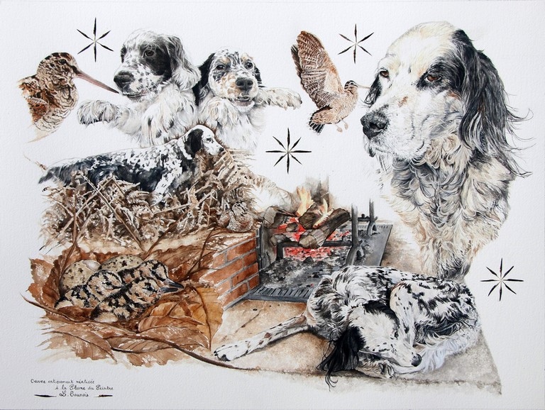 Dessin avec bécasses, chiots, chien et scène de chasse à la plume du peintre par Laurence Saunois