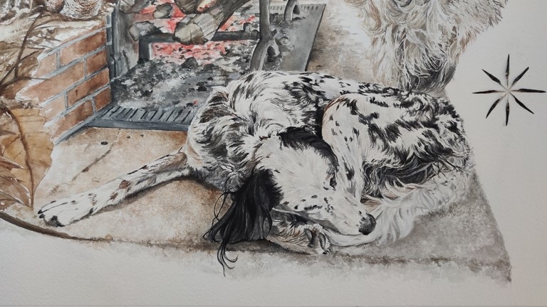 Dessin (détails) avec bécasses, chiots, chien et scène de chasse à la plume du peintre par la peintre animalier Laurence Saunois