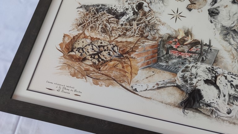 Dessin encadré avec bécasses, chiots, chien et scène de chasse à la plume du peintre par la peintre animalier Laurence Saunois