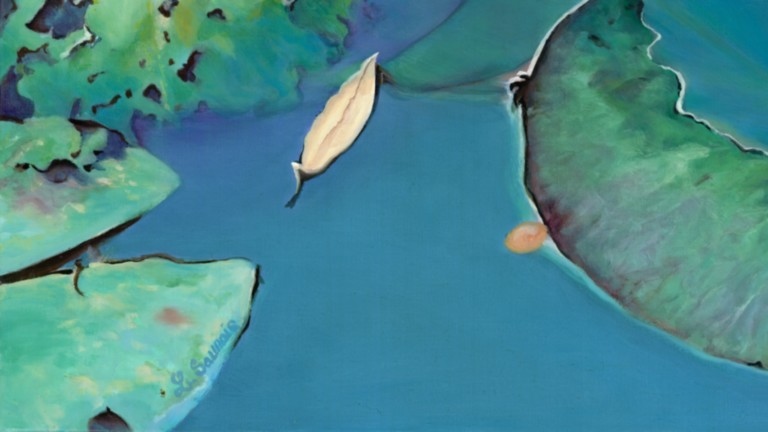 Peinture "Nympheus Luminansis, dualité de Lumières par Laurence Saunois, artiste peintre (signature)