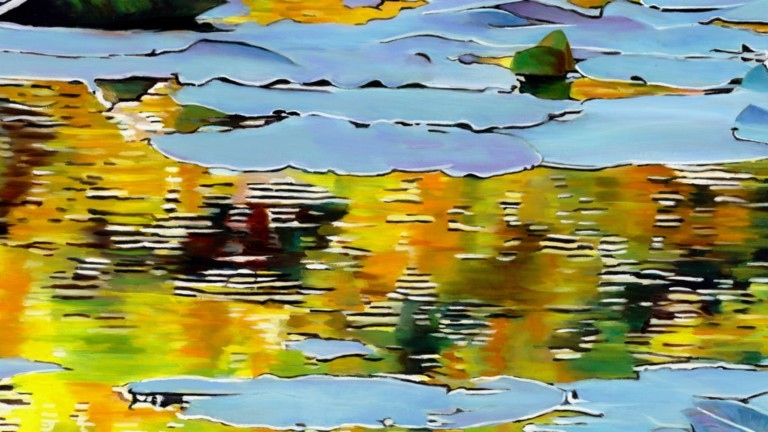 Peinture "Nympheus Luminansis, La Lumière est d'or par Laurence Saunois, artiste peintre (détails)