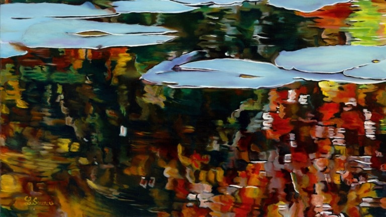 Peinture "Nympheus Luminansis, La Lumière est d'or par Laurence Saunois, artiste peintre (détails - signature)