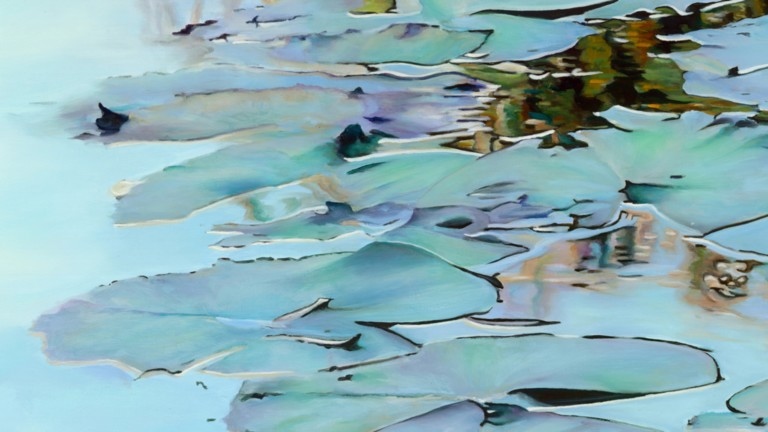 Peinture "Nympheus Luminansis, Le Chemin de la Lumière par Laurence Saunois, artiste peintre (détails)