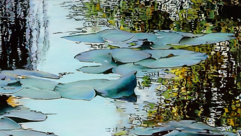 Peinture "Nympheus Luminansis, Le Chemin de la Lumière par Laurence Saunois, artiste peintre (détails)
