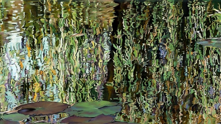 Peinture "Nympheus Luminansis,  Lumière à l'Ombre du Saule Pleureur par Laurence Saunois, artiste peintre (détails)