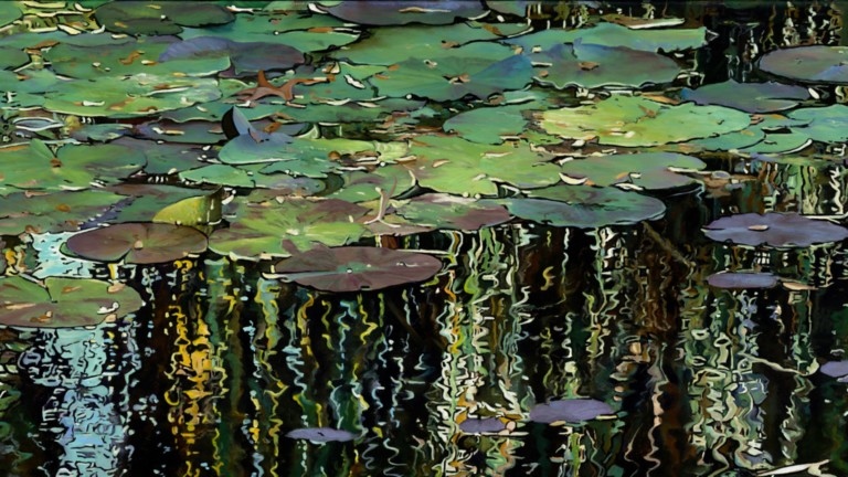 Peinture "Nympheus Luminansis,  Lumière à l'Ombre du Saule Pleureur par Laurence Saunois, artiste peintre (détails)
