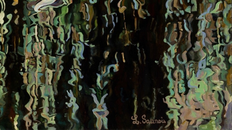 Peinture "Nympheus Luminansis,  Lumière à l'Ombre du Saule Pleureur par Laurence Saunois, artiste peintre (détails et signature)