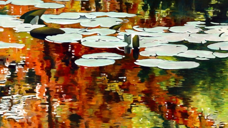 Peinture "Nympheus Luminansis,  Lumières d'automne par Laurence Saunois, artiste peintre (détails)
