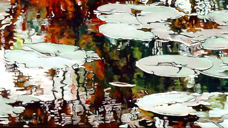 Peinture "Nympheus Luminansis,  Lumières d'automne par Laurence Saunois, artiste peintre (signature)