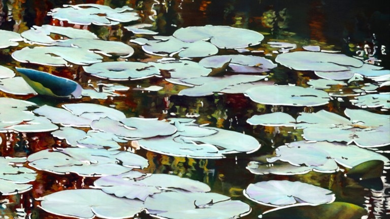 Peinture "Nympheus Luminansis,  Lumières d'automne par Laurence Saunois, artiste peintre (détails)