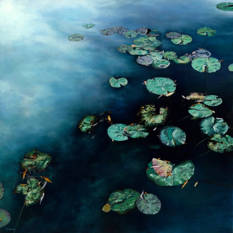 Peinture "Nympheus Luminansis, Lumières Célestes par Laurence Saunois, artiste peintre