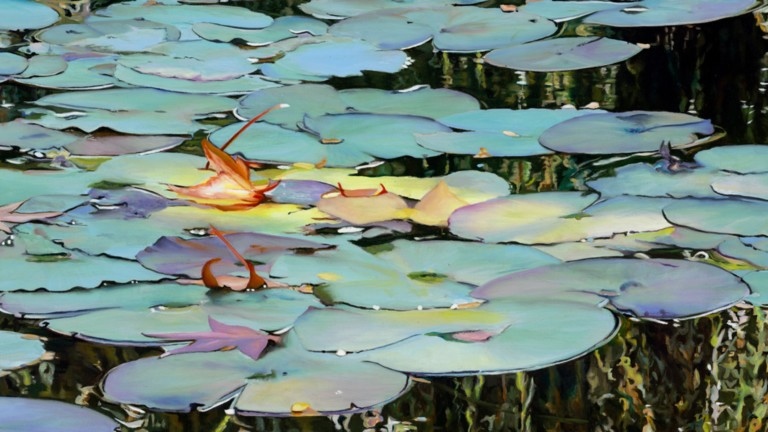 Peinture "Nympheus Luminansis, Tel un Rideau de Lumière par Laurence Saunois, artiste peintre (détails)
