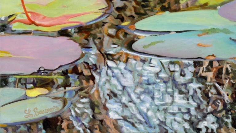 Peinture "Nympheus Luminansis, Tel un Rideau de Lumière par Laurence Saunois, artiste peintre (détails - signature)