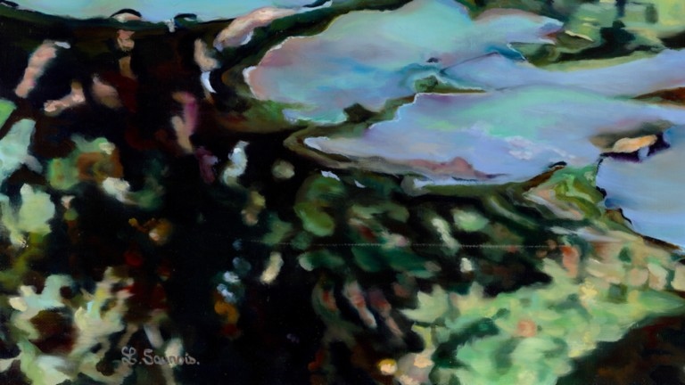 Peinture "Nympheus Luminansis, Vibrantes Lumières par Laurence Saunois, artiste peintre (signature)