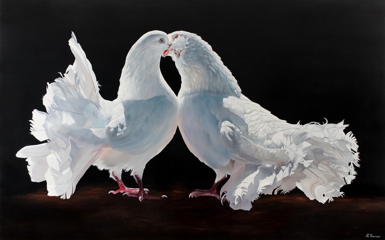 Cliquez pour agrandir Tableau de pigeons blancs par Laurence Saunois, artiste