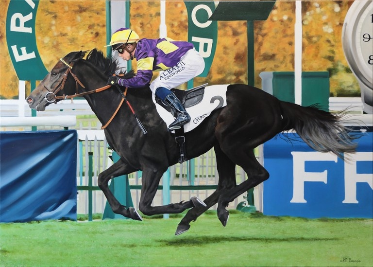 Horse race painting by animal artist Laurence Saunois
