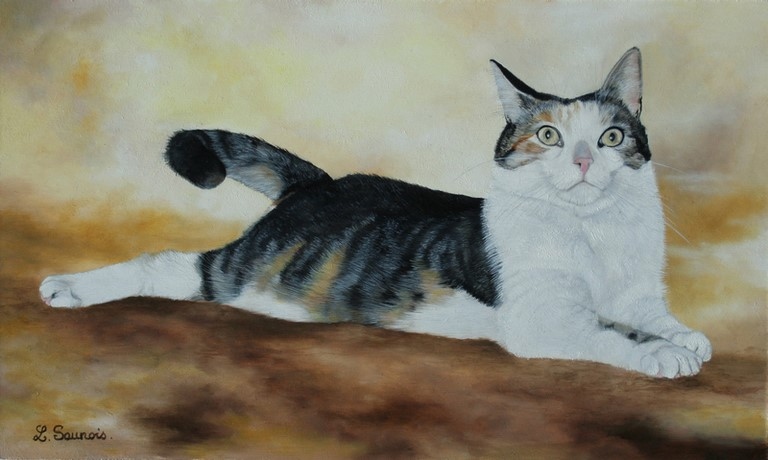 Painting of a lying cat made by laurence Saunois animal artist
