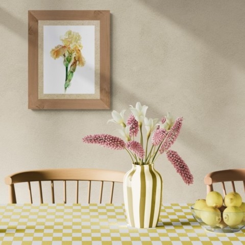  Yellow iris botanical watercolor in a setting above a table by Laurence Saunois, wildlife artist