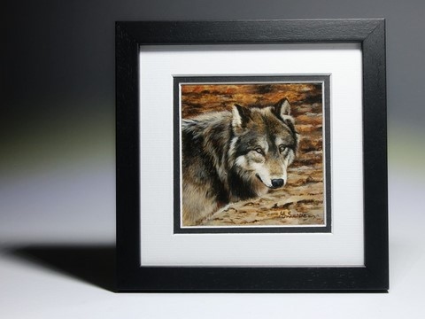 Miniature wolf painting by animal artist Laurence Saunois