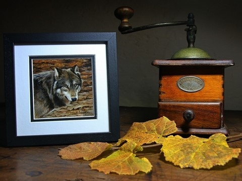 Framed wolf miniature painting by animal artist Laurence Saunois