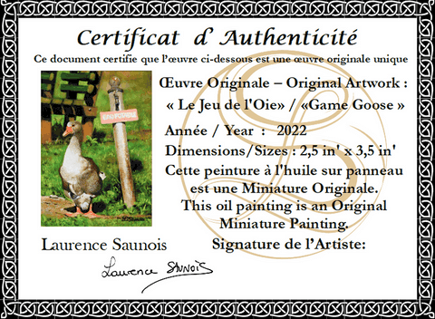 Certificat d'authenticité - peinture miniature : peintre animalier Laurence Saunois