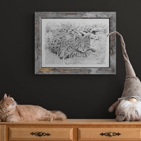 Painting of an Ocicat drawing in a setting above a sideboard with a cat