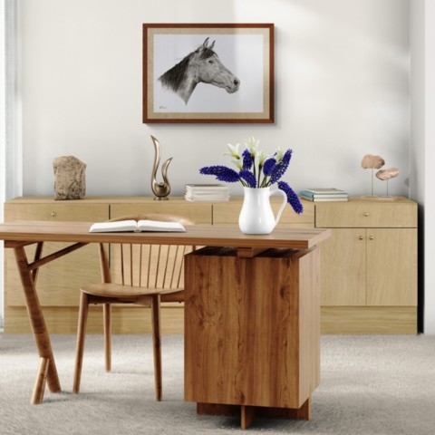  India ink portrait of a thoroughbred horse exhibited above a sideboard in a living room