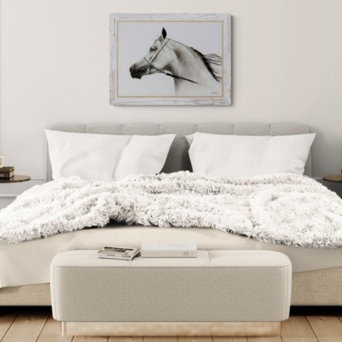  Drawing of an Arabian Thoroughbred in a setting in a bedroom above a bed