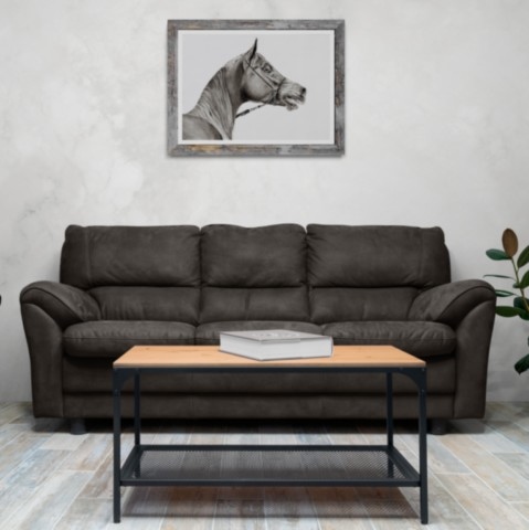 Painting of an Arabian horse in a living room above a modern sofa