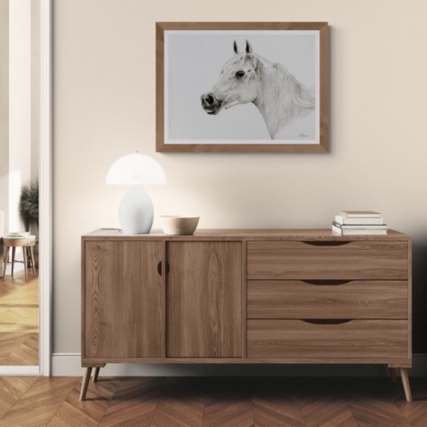  India ink on canvas of a thoroughbred portrait integrated into a minimalist decor