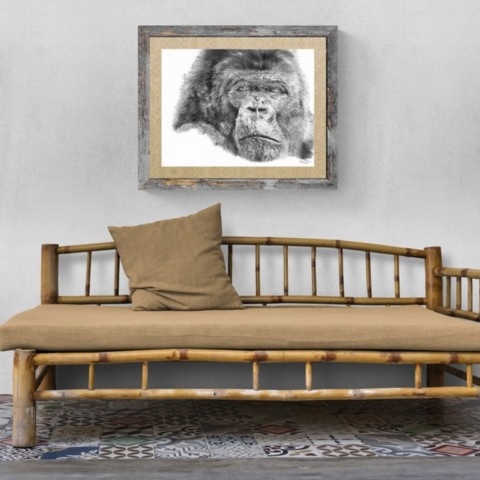  Painting (charcoal drawing) of a gorilla portrait in a room setting above a bamboo sofa - Artist Laurence Saunois