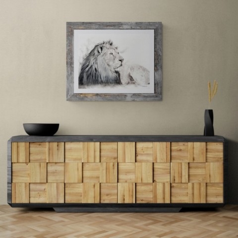 Painting of an Asiatic lion drawing in a setting above an Asian sideboard