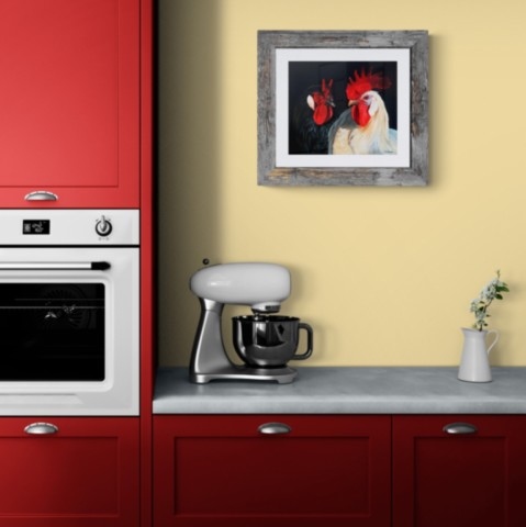  Roosters painting wall art decor in a kitchen setting by wildlife artist Laurence Saunois