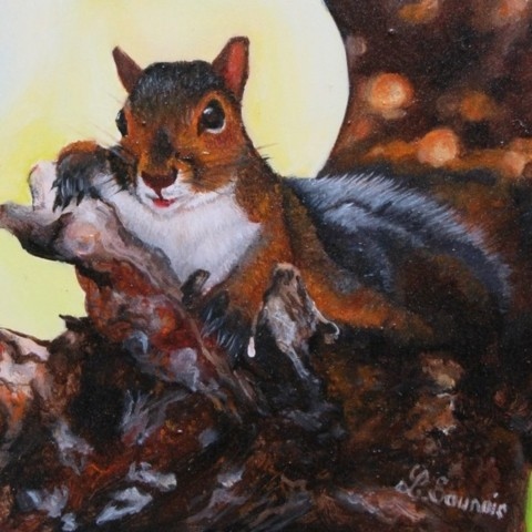 Peinture Miniature d'écureuil couché par Laurence Saunois, peintre animalier