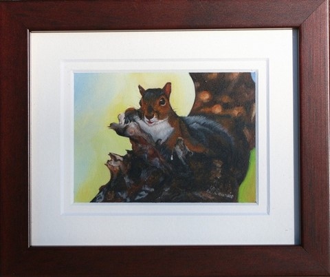 Tableau miniature d'un écureuil encadrée : peintre animalier Laurence Saunois