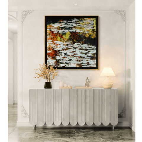Tableau de nymphéas dans une entrée luxieuse Nympheus Luminansis : Lumières d'automne " Tableau de Laurence Saunois, artiste