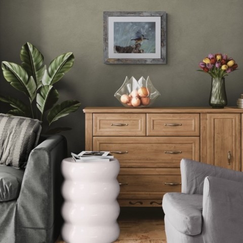  Nuthatch in flight painting wall art decor in a living room by wildlife artist Laurence Saunois