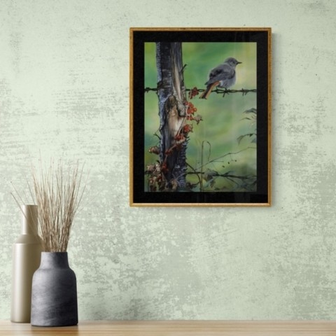 Redstart on barbed wire painting wall art decor in a room