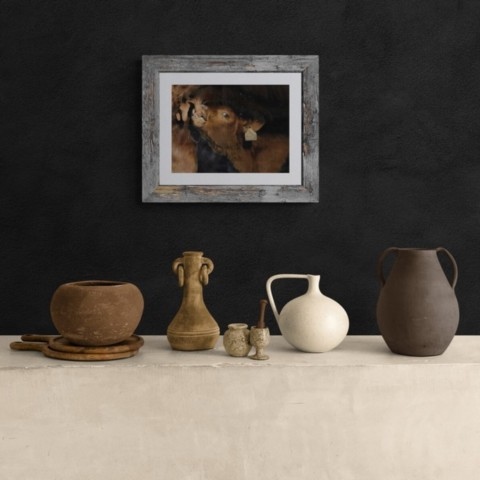  Salers calf with its dam painting wall art decor in a setting with pots and vases by wildlife artist Laurence Saunois