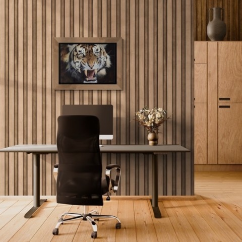  Tiger portrait painting wall art decor in a home office setting above a desk by wildlife artist Laurence Saunois