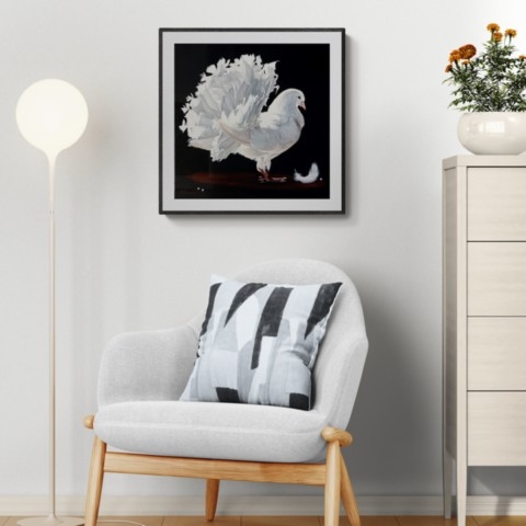 Tableau de pigeon blanc en situation au dessus d'un fauteuil