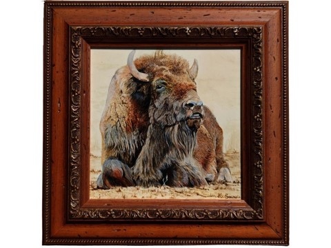 Peinture encadrée de bison d'Amérique ; peintre animalier Laurence Saunois