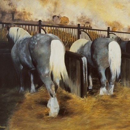  Oil painting of the Great Stables of Haras du Pin with its draft horses by wildlife artist Laurence Saunois