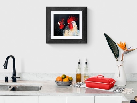 Tableau de coqs dans une cuisine : peintre animalier Laurence saunois