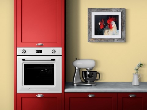 Tableau de coqs dans une cuisine : peintre animalier Laurence saunois