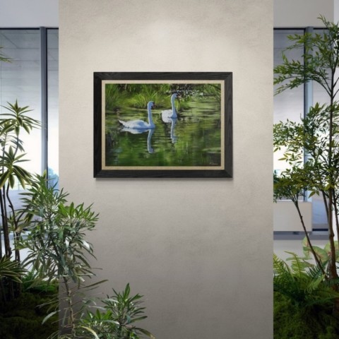 White swans painting wall art decor in a hallway by wildlife artist Laurence Saunois
